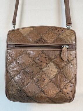Vintage Patchwork Ostrich Leather Crossbody Purse Brown Multi Compartment Bag